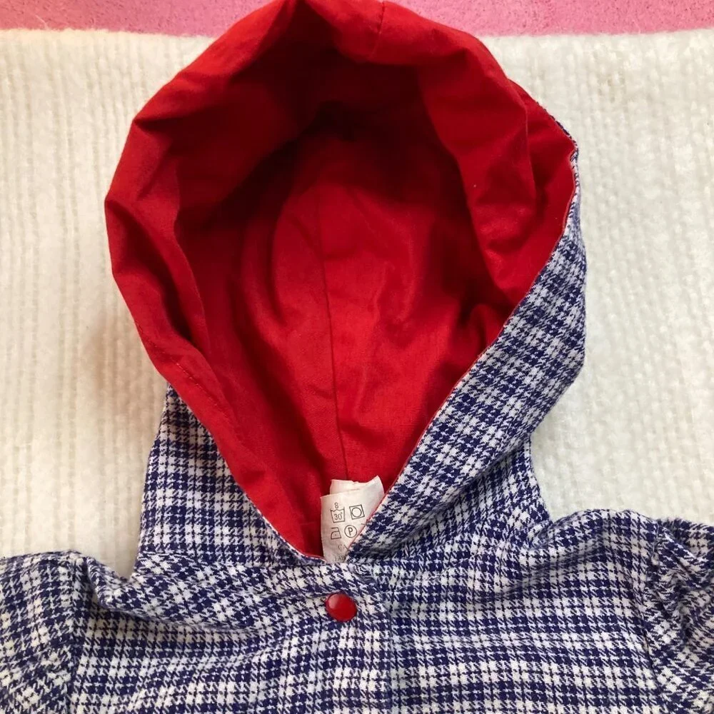 Infants Vintage Hooded‎ Plaid Coverall Bear Blue White Red Cotton 6 - 9mos